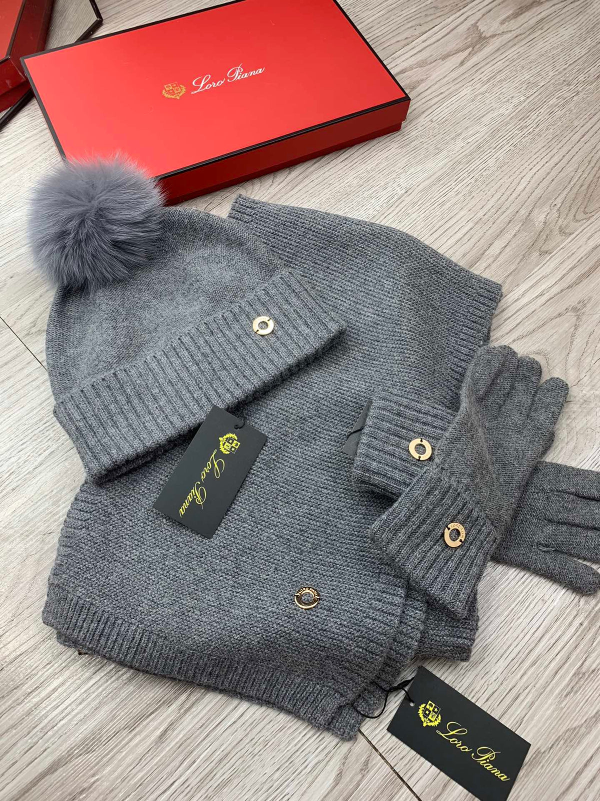 Loro Piana Hat Scarf Gloves Set Gray Knit Fur 475086
