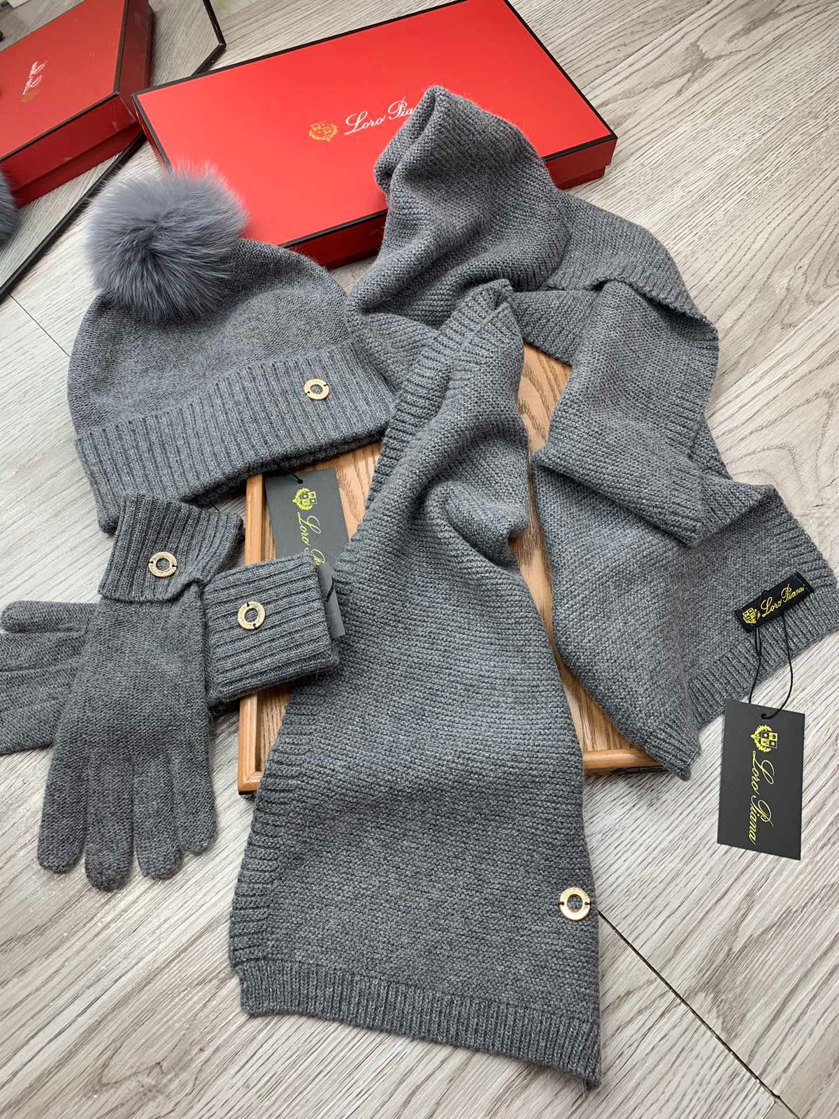 Loro Piana Hat Scarf Gloves Set Gray Knit Fur 475086