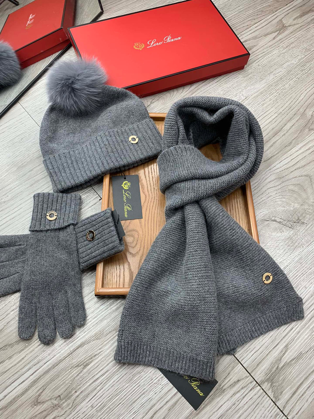 Loro Piana Hat Scarf Gloves Set Gray Knit Fur 475086