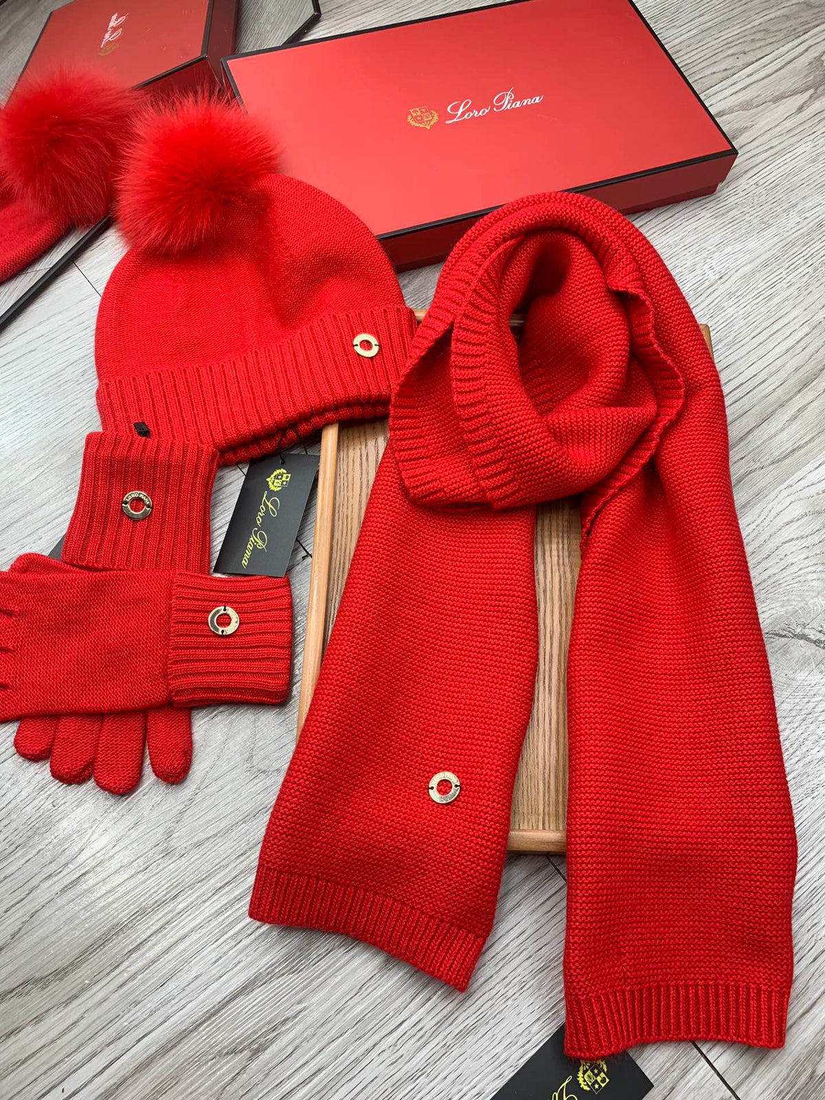 Loro Piana Hat Scarf Gloves Set Red Knit Fur 475085