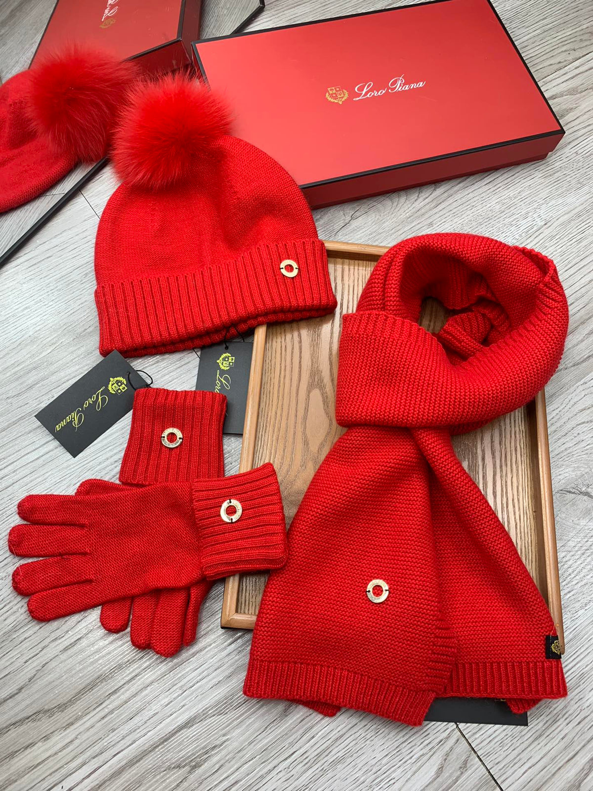 Loro Piana Hat Scarf Gloves Set Red Knit Fur 475085