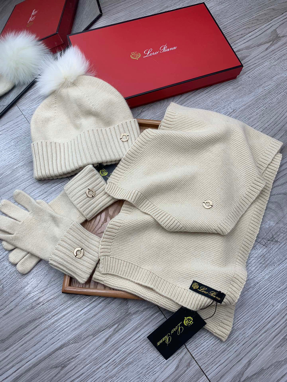 Loro Piana Hat Scarf Gloves Set Light Beige Knit Fur 475084