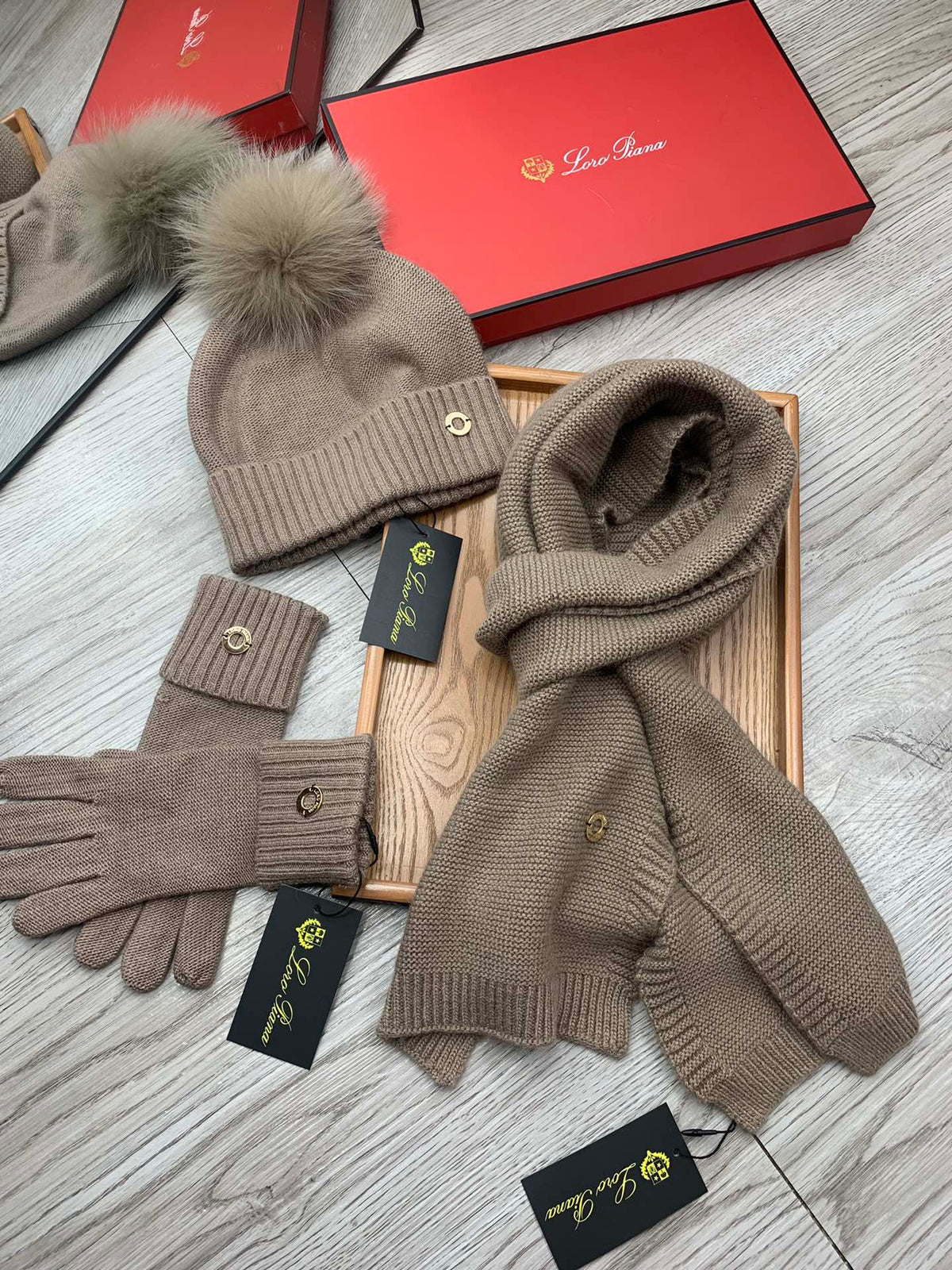 Loro Piana Hat Scarf Gloves Set Khaki Knit Fur 475083