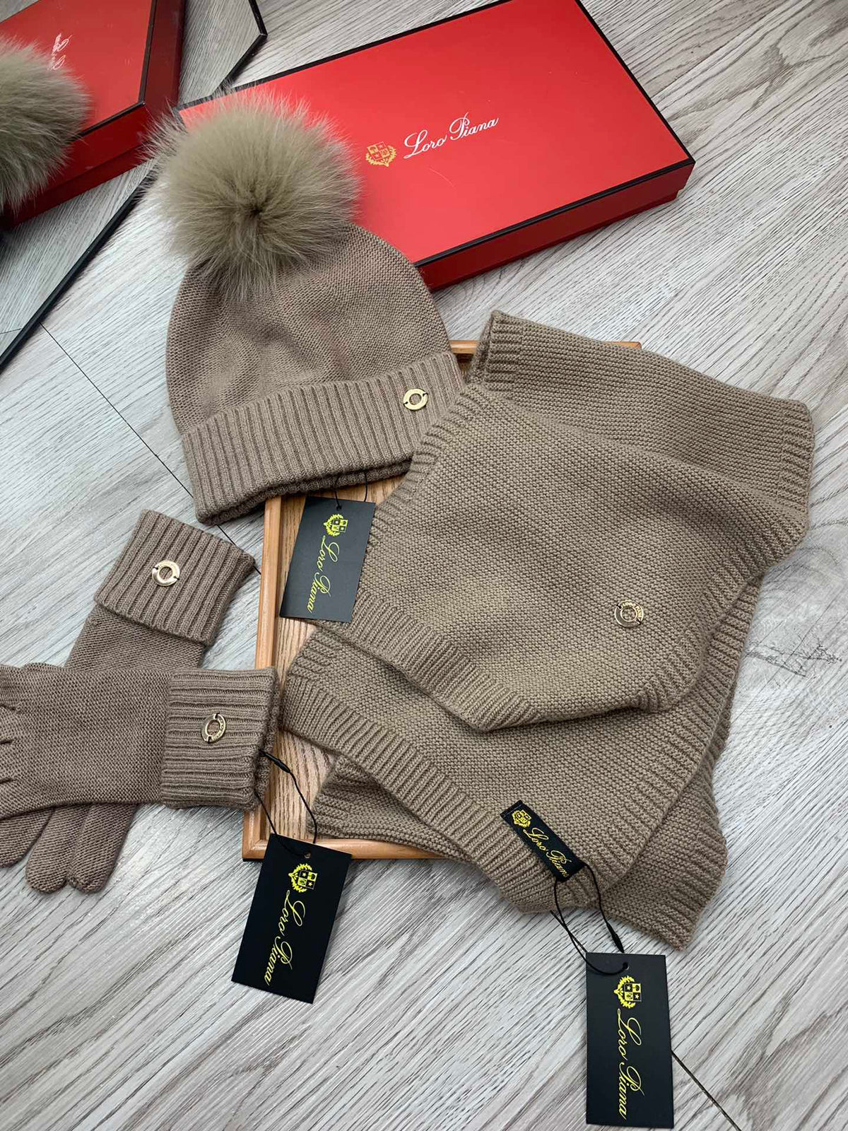 Loro Piana Hat Scarf Gloves Set Khaki Knit Fur 475083