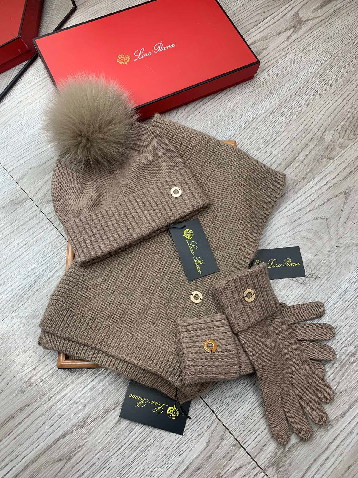 Loro Piana Hat Scarf Gloves Set Khaki Knit Fur 475083
