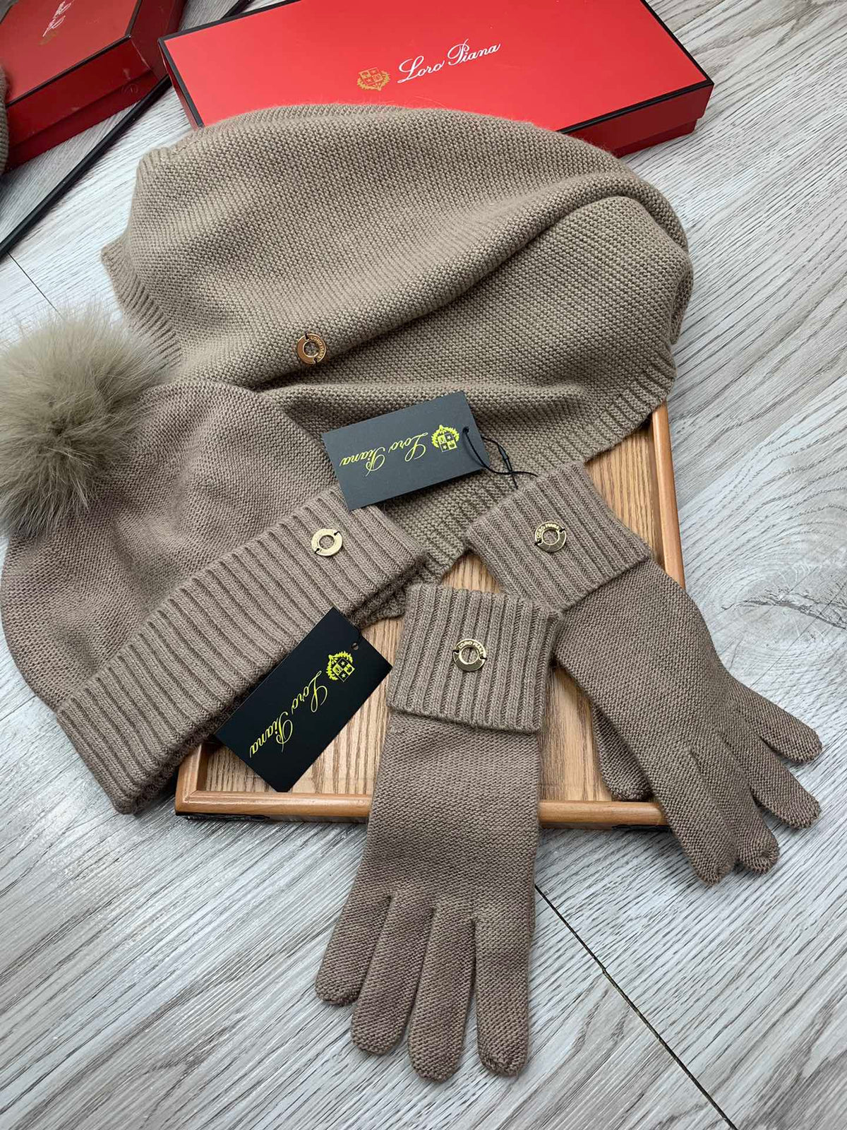 Loro Piana Hat Scarf Gloves Set Khaki Knit Fur 475083