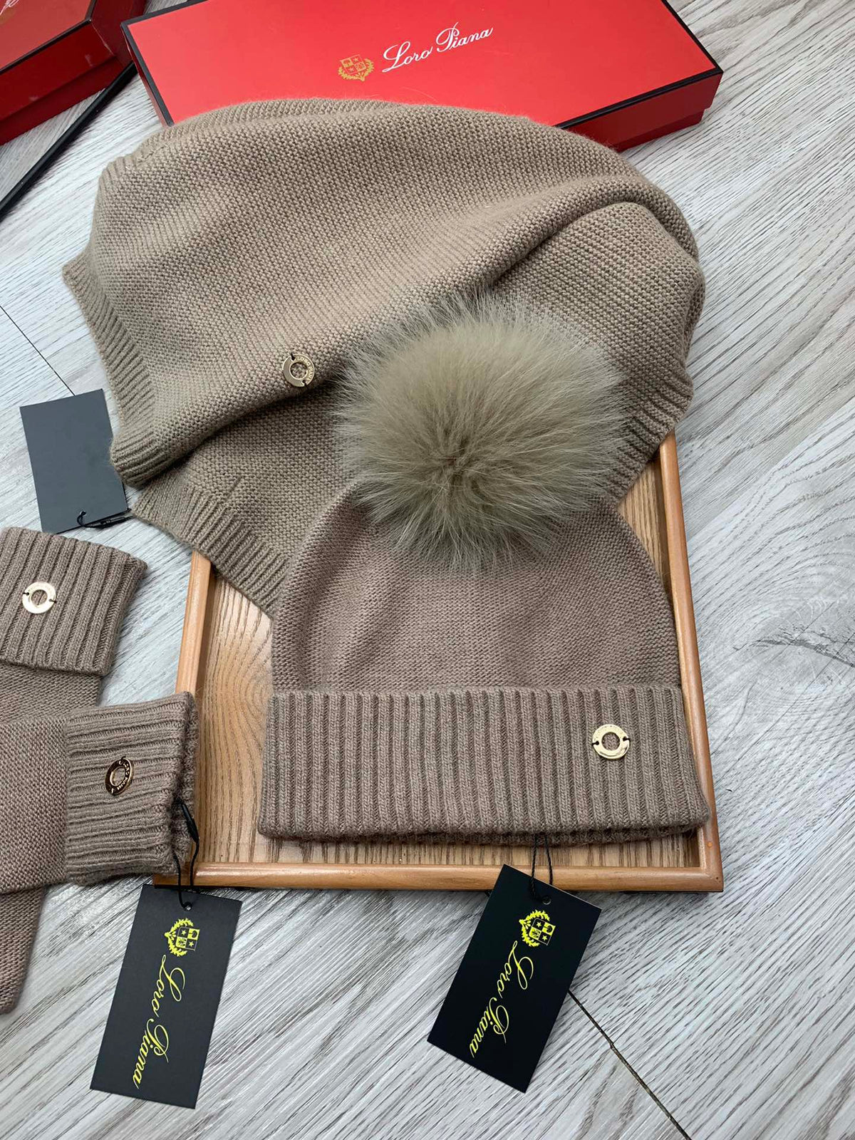 Loro Piana Hat Scarf Gloves Set Khaki Knit Fur 475083