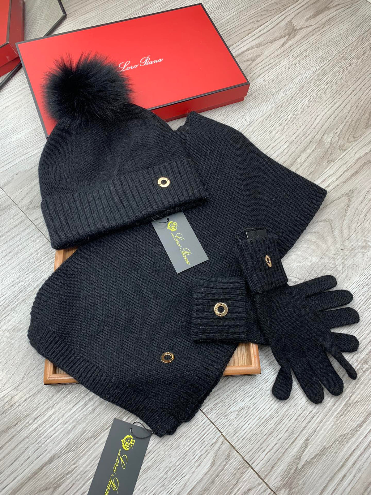 Loro Piana Hat Scarf Gloves Set Black Knit Fur 475082