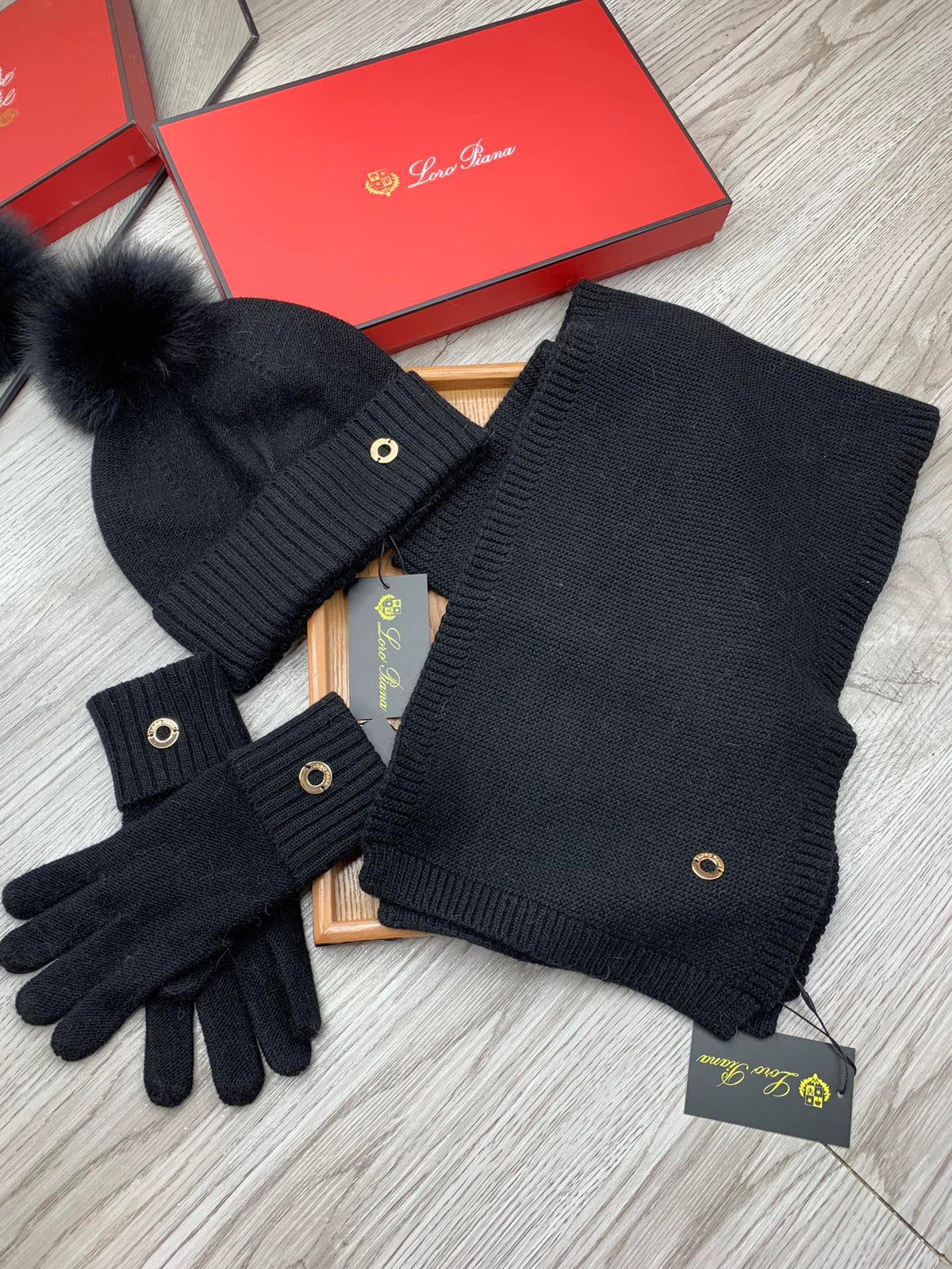 Loro Piana Hat Scarf Gloves Set Black Knit Fur 475082