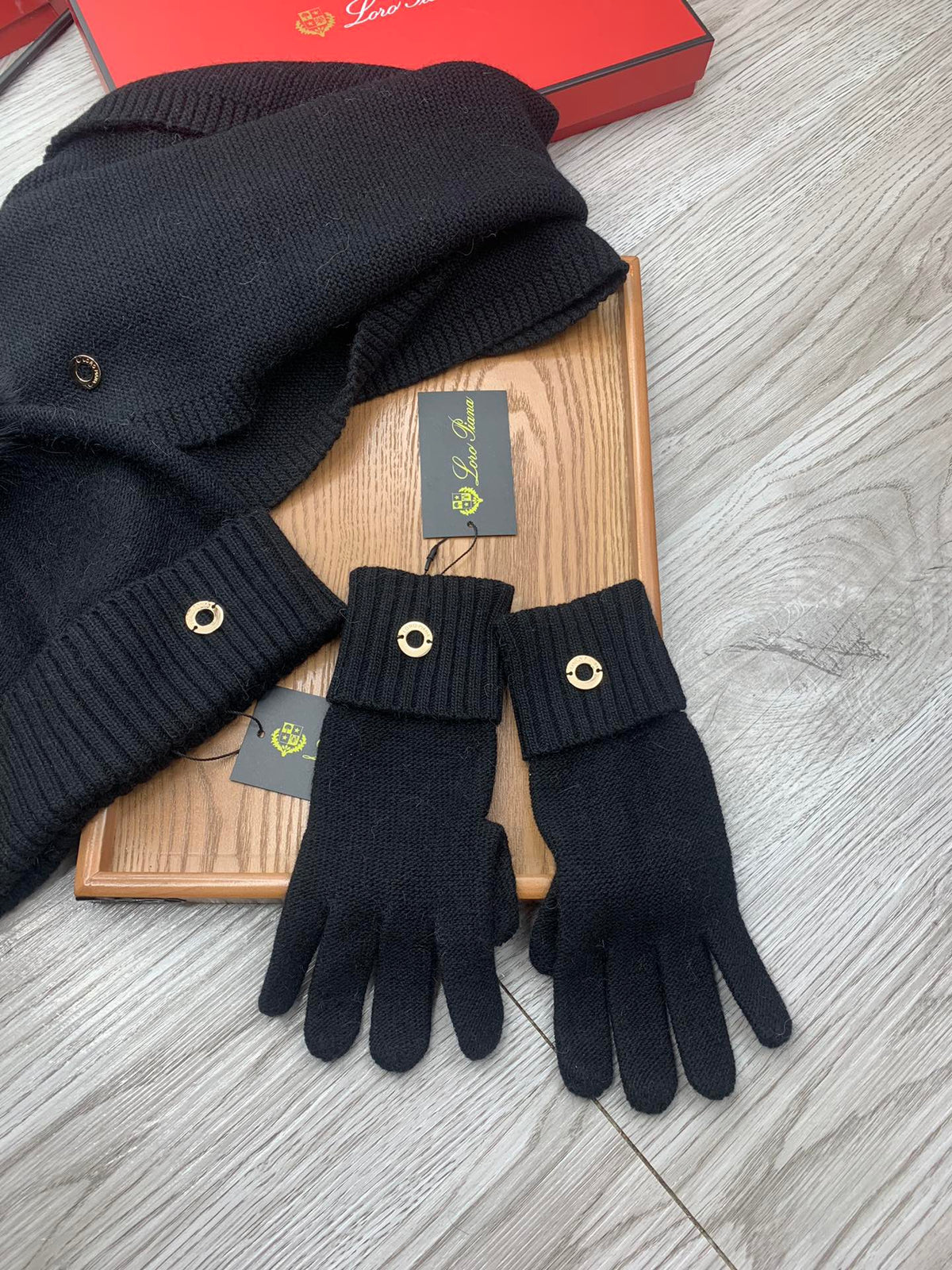 Loro Piana Hat Scarf Gloves Set Black Knit Fur 475082