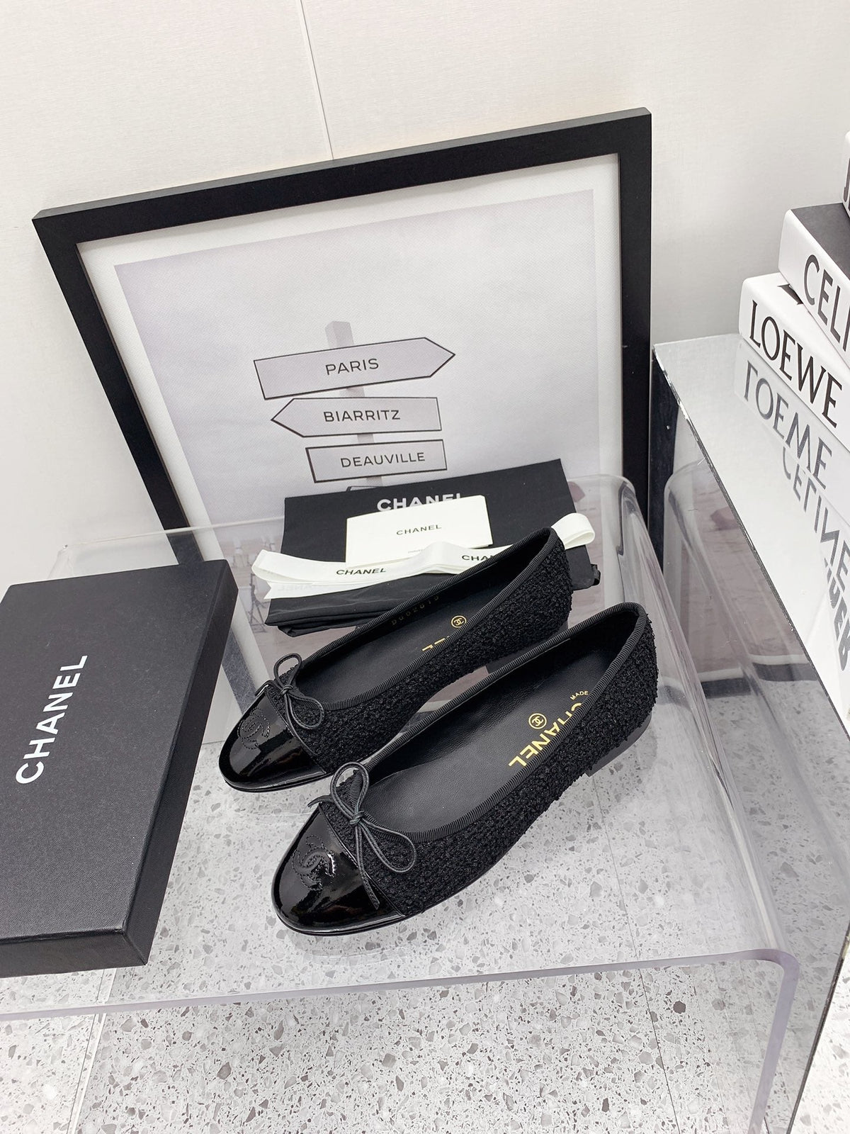 CC 2026 Logo Ballet Flats Black Tweed Patent Leather 161604