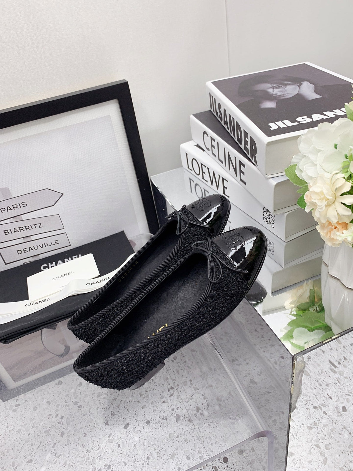 CC 2026 Logo Ballet Flats Black Tweed Patent Leather 161604