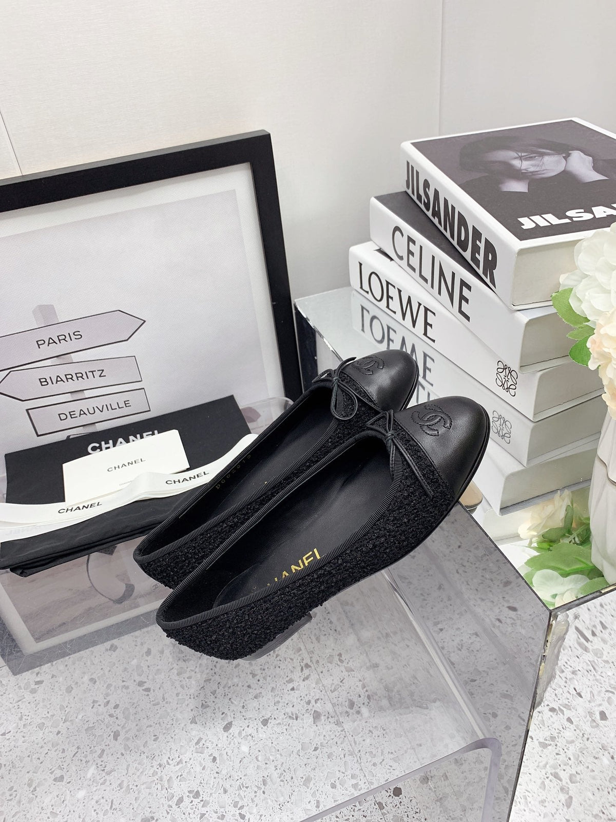 CC 2026 Logo Ballet Flats Black Tweed Leather 161605