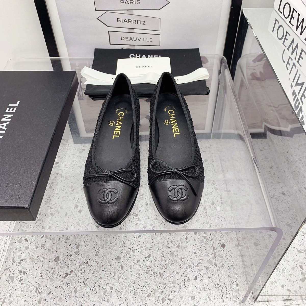 CC 2026 Logo Ballet Flats Black Tweed Leather 161605
