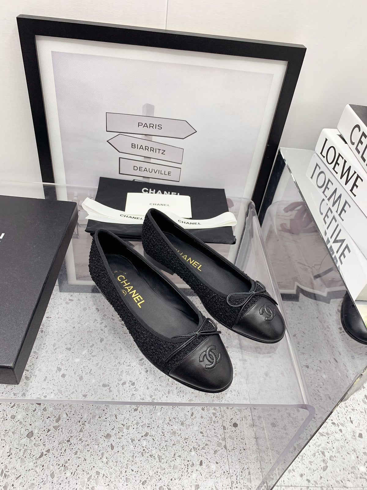 CC 2026 Logo Ballet Flats Black Tweed Leather 161605