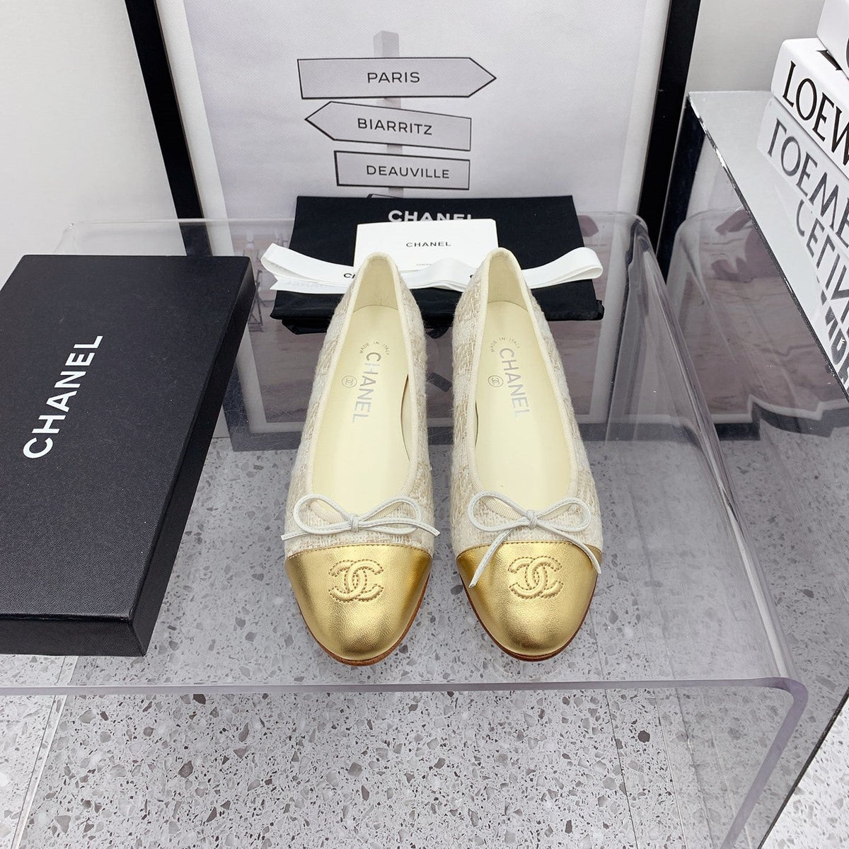 CC 2026 Logo Ballet Flats Cream Tweed Gold Leather 161607