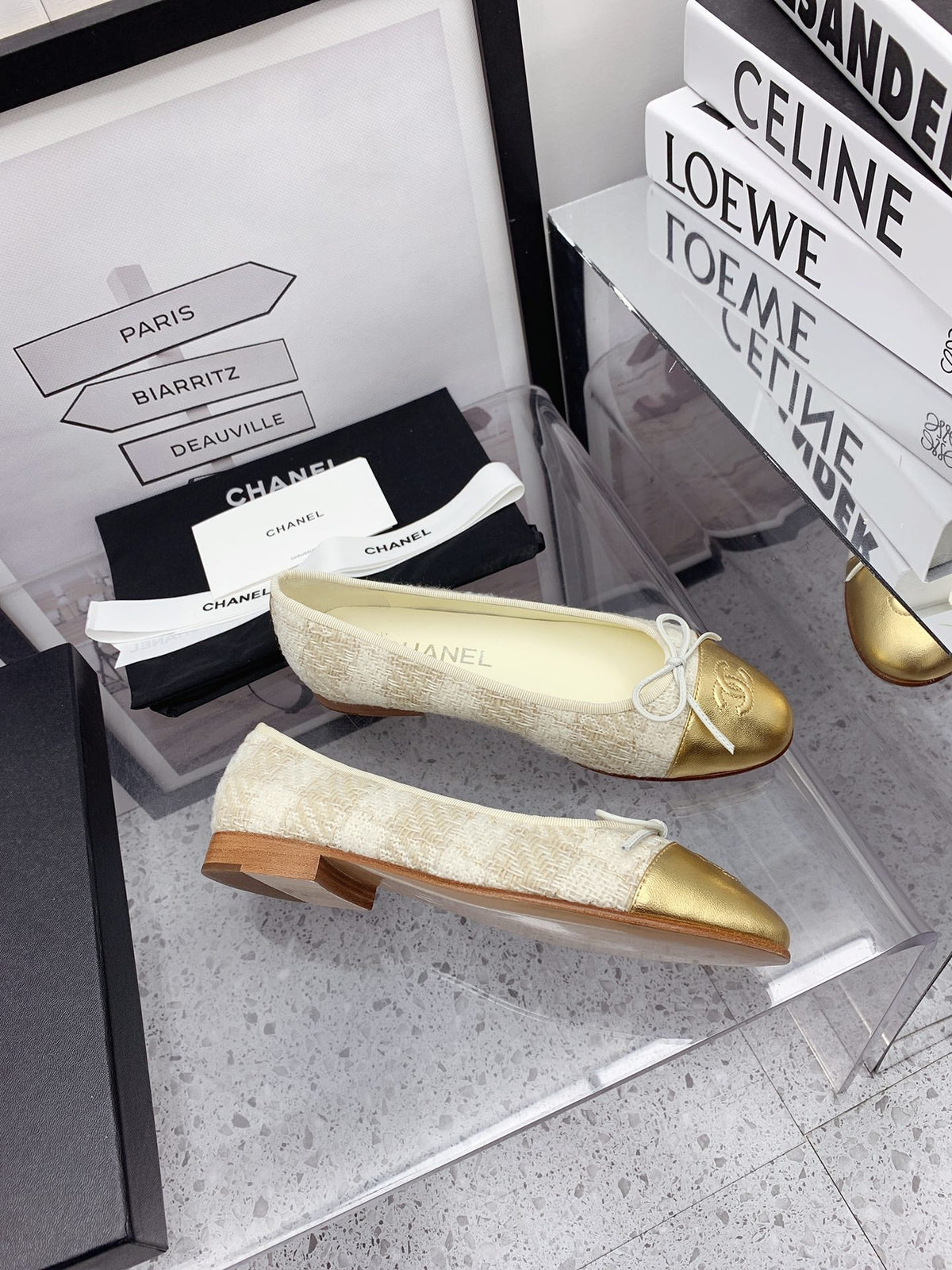 CC 2026 Logo Ballet Flats Cream Tweed Gold Leather 161607