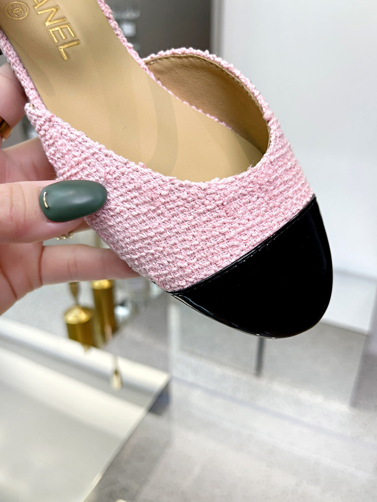 CC 26S Mary Jane Flats Shoes Pink Black Tweed Patent Leather 147299