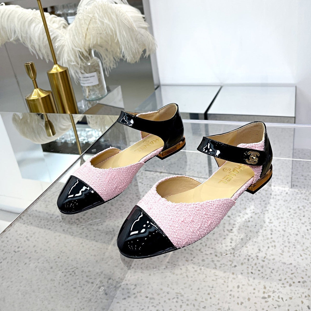 CC 26S Mary Jane Flats Shoes Pink Black Tweed Patent Leather 147299