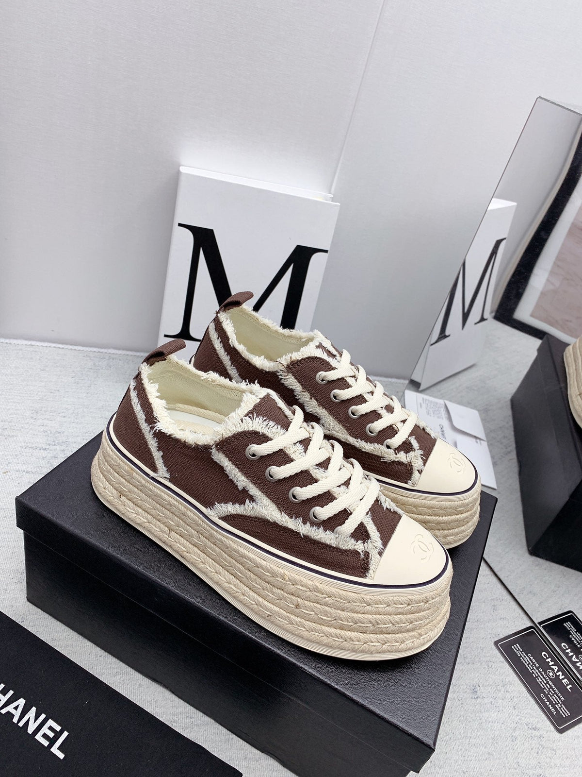CC 2026 Logo Platform Sneakers Brown Fringed Trim Canvas 161703