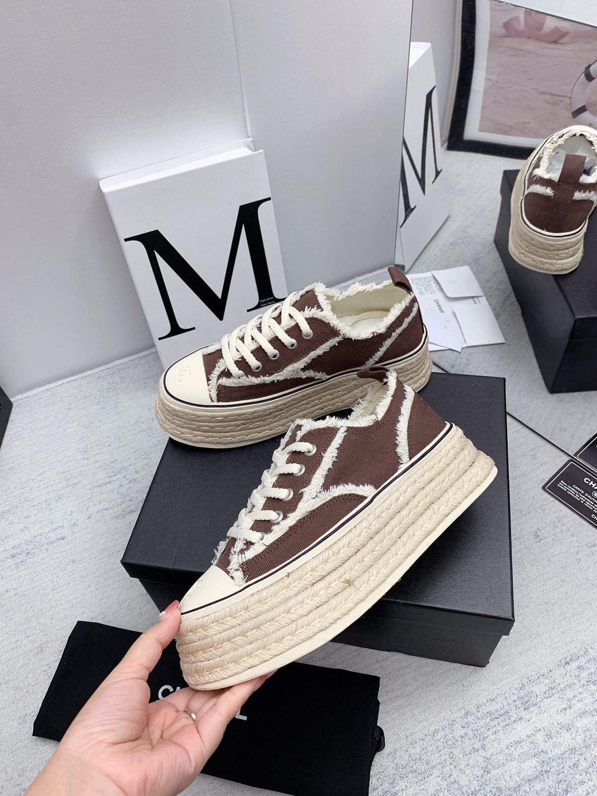 CC 2026 Logo Platform Sneakers Brown Fringed Trim Canvas 161703