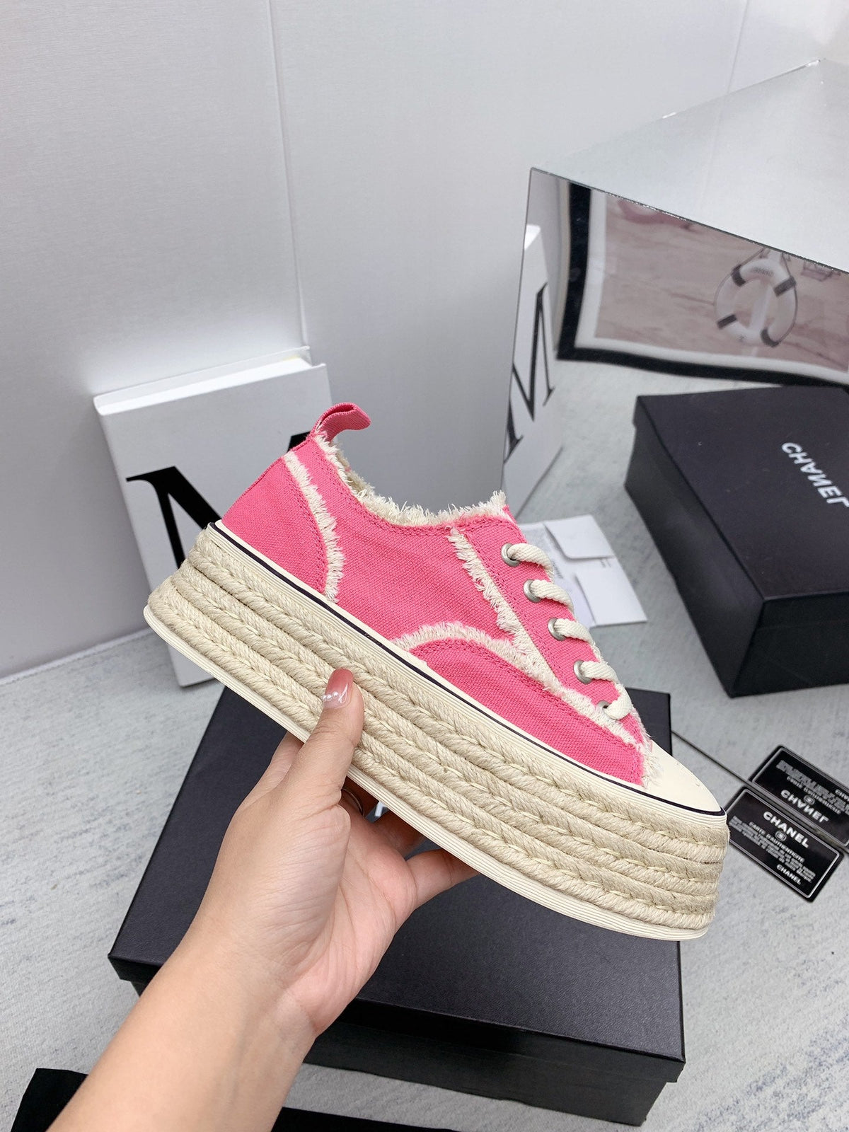 CC 2026 Logo Platform Sneakers Pink Fringed Trim Canvas 161702