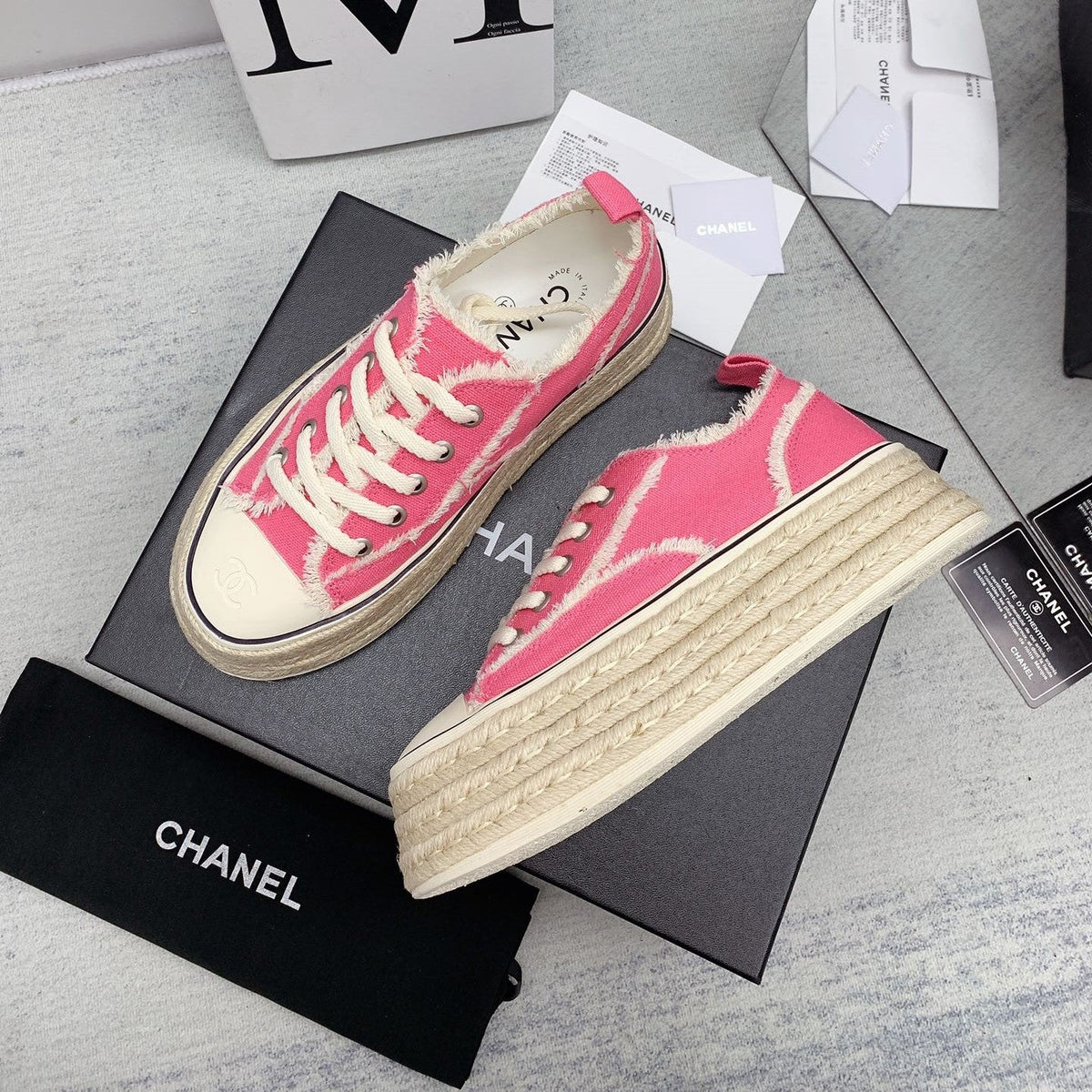 CC 2026 Logo Platform Sneakers Pink Fringed Trim Canvas 161702