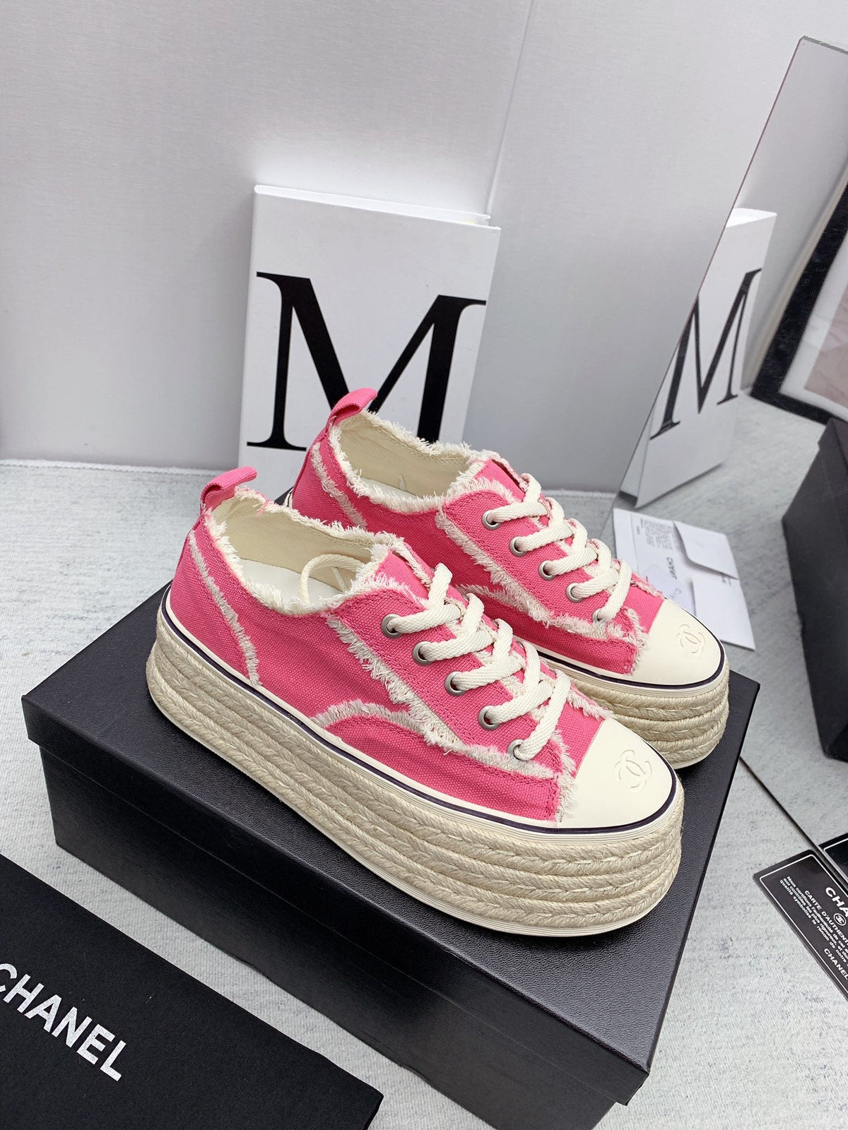 CC 2026 Logo Platform Sneakers Pink Fringed Trim Canvas 161702