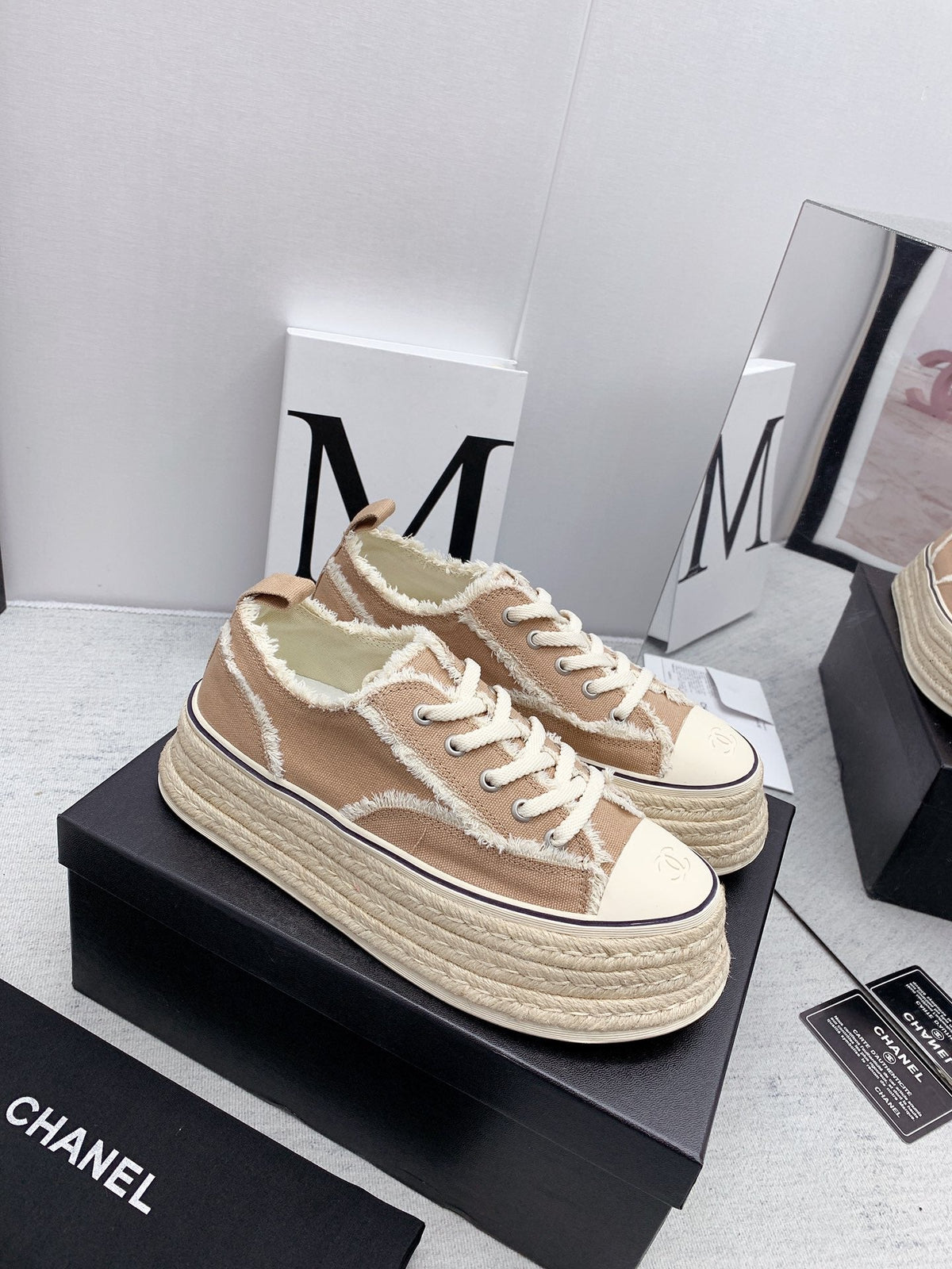 CC 2026 Logo Platform Sneakers Beige Fringed Trim Canvas 161698