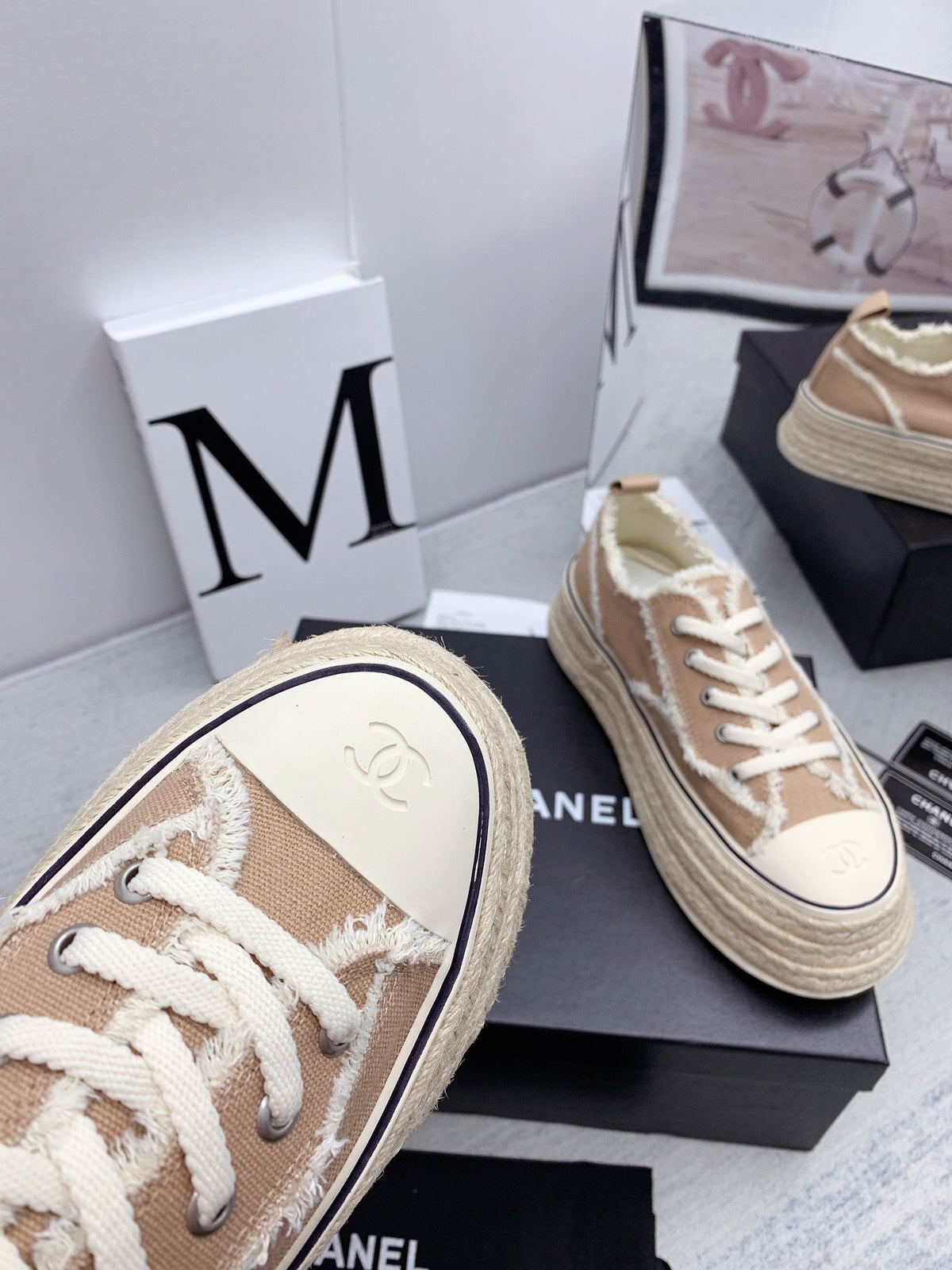 CC 2026 Logo Platform Sneakers Beige Fringed Trim Canvas 161698