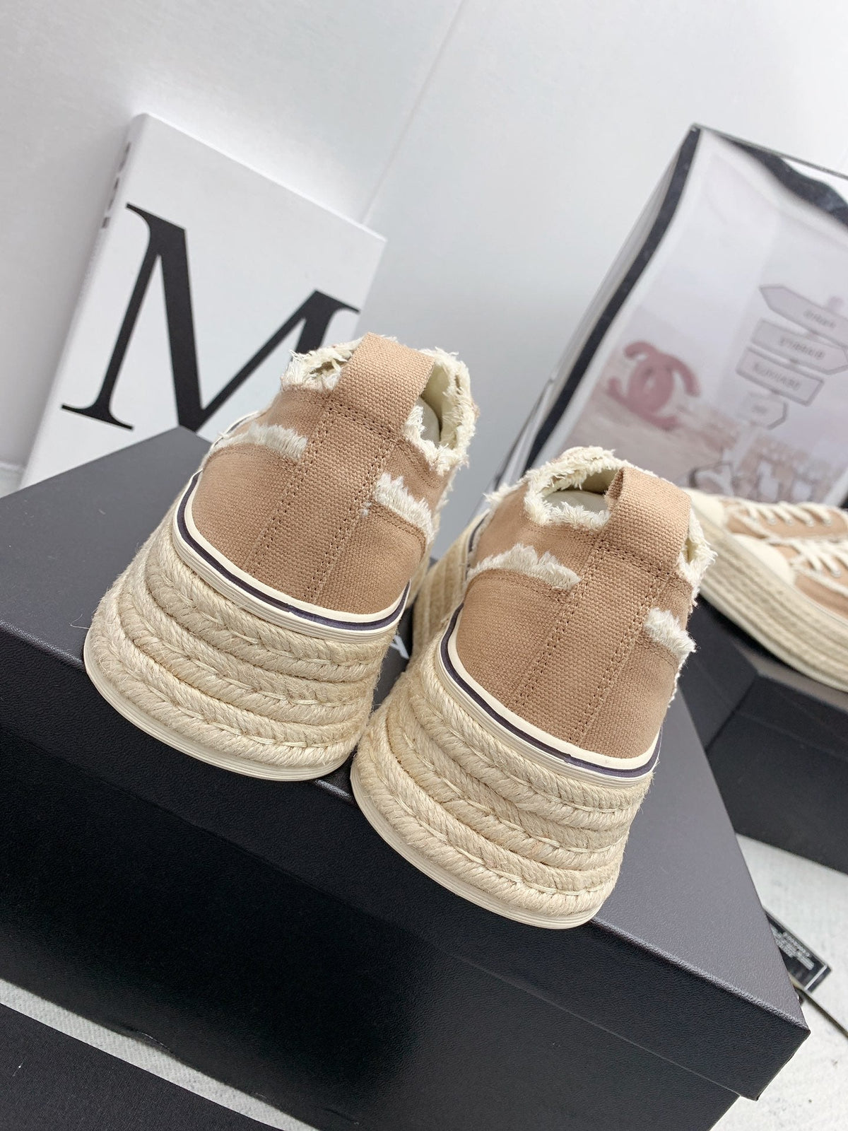 CC 2026 Logo Platform Sneakers Beige Fringed Trim Canvas 161698