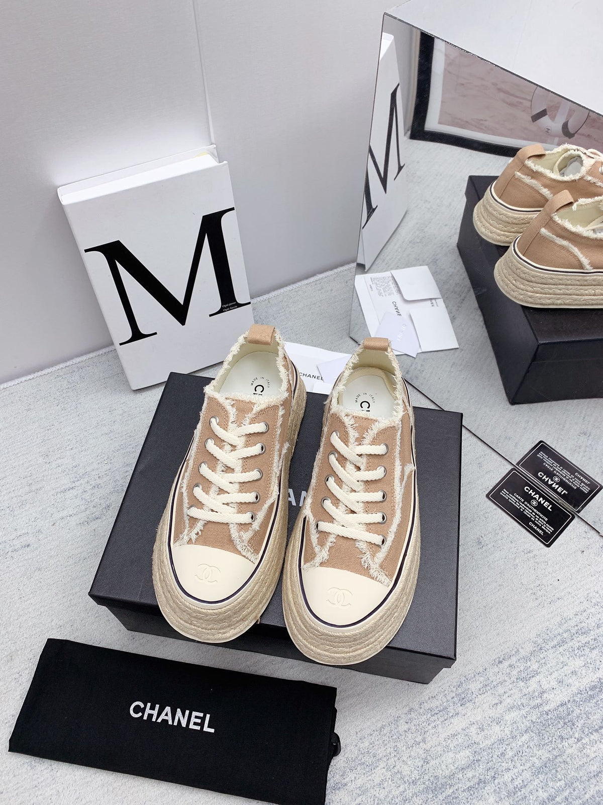 CC 2026 Logo Platform Sneakers Beige Fringed Trim Canvas 161698