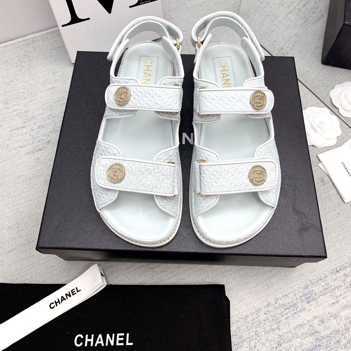 CC 2026 Logo Dad Sandals White Caviar Leather 161743