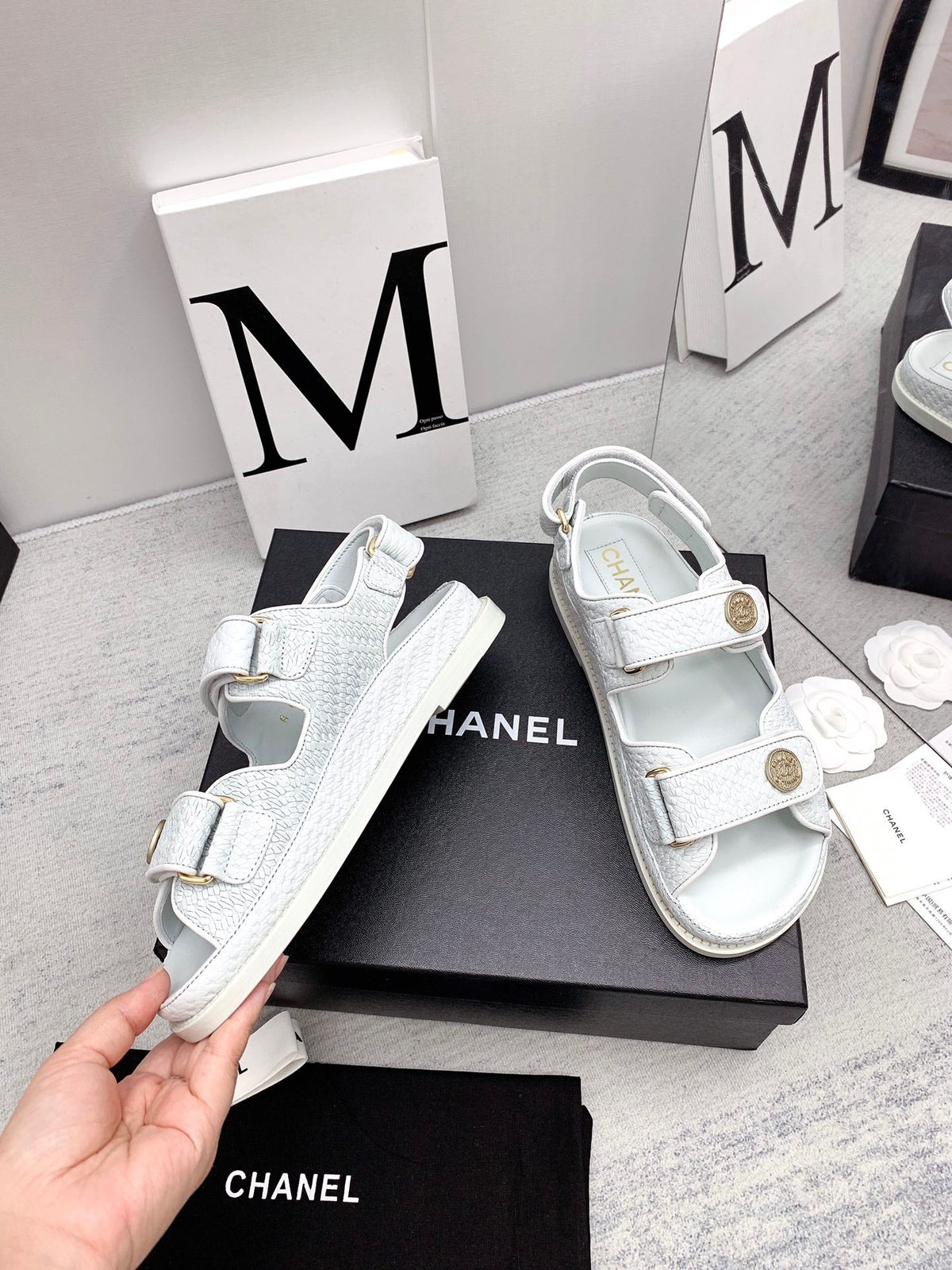 CC 2026 Logo Dad Sandals White Caviar Leather 161743
