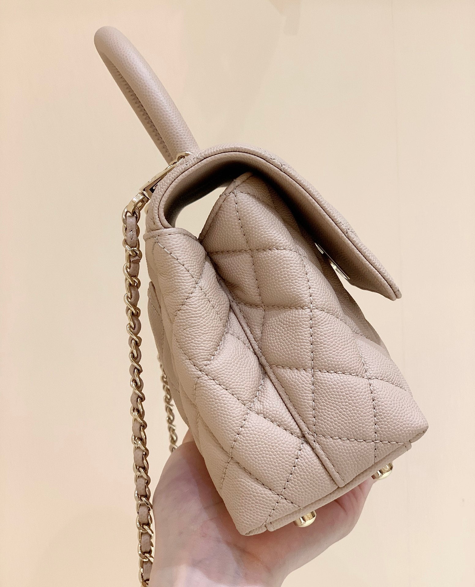 CC Coco Hanle Small 23cm Light Beige Grained Calfskin Gold Hardware