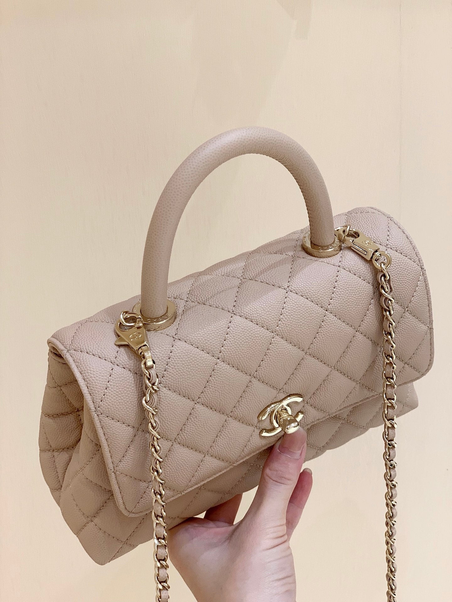 CC Coco Hanle Small 23cm Light Beige Grained Calfskin Gold Hardware