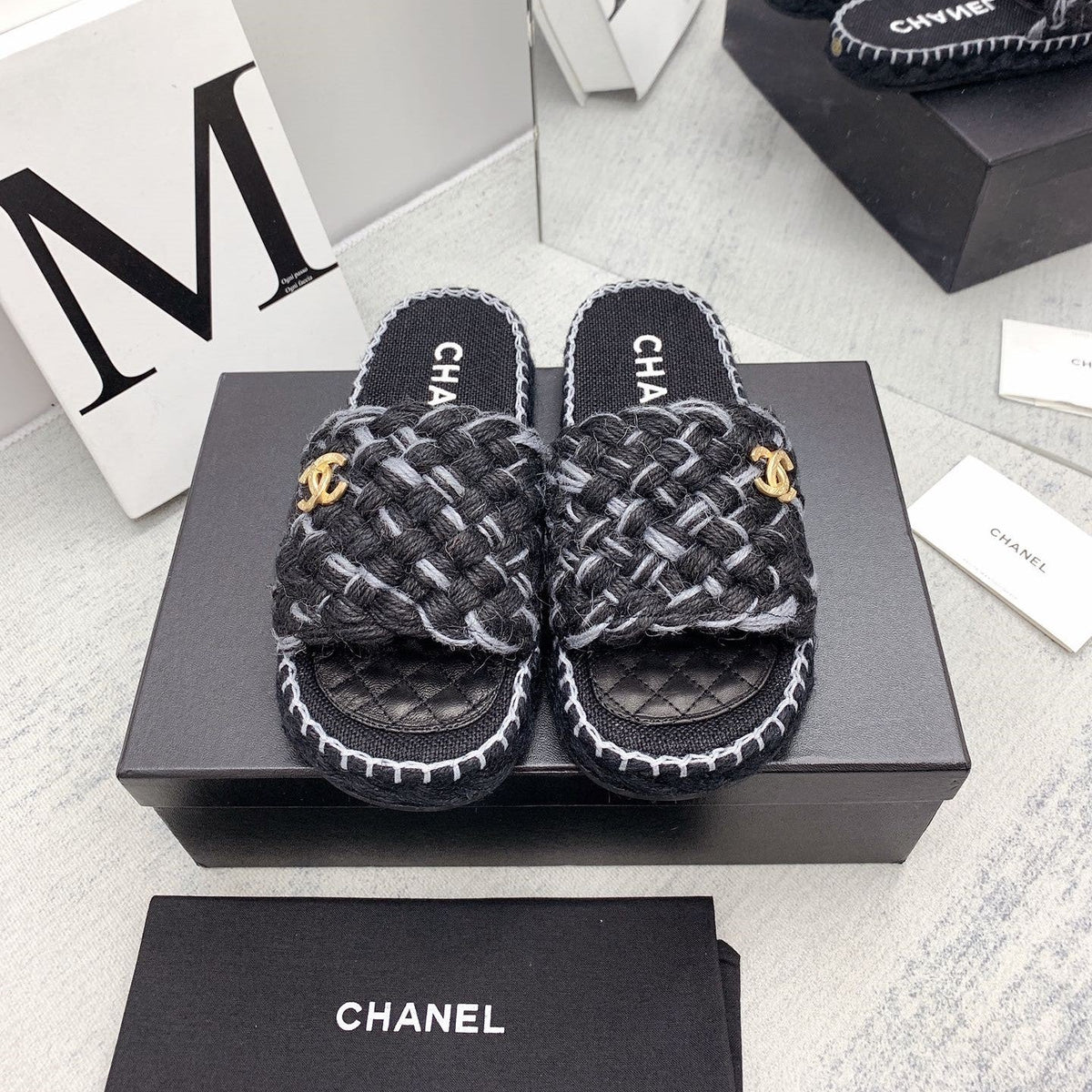 CC 26s Mules Black Grey Interlocking Fabric Lambskin 159998