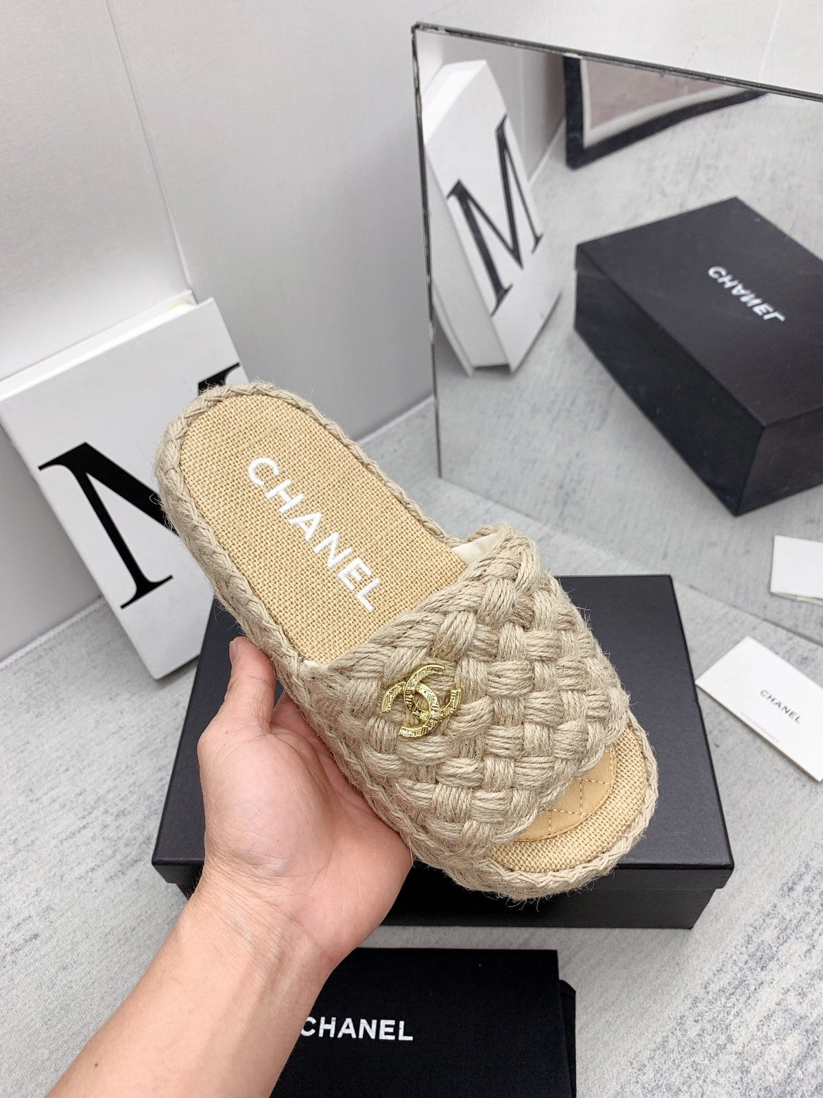 CC 26s Mules Beige Interlocking Fabric Lambskin 160005