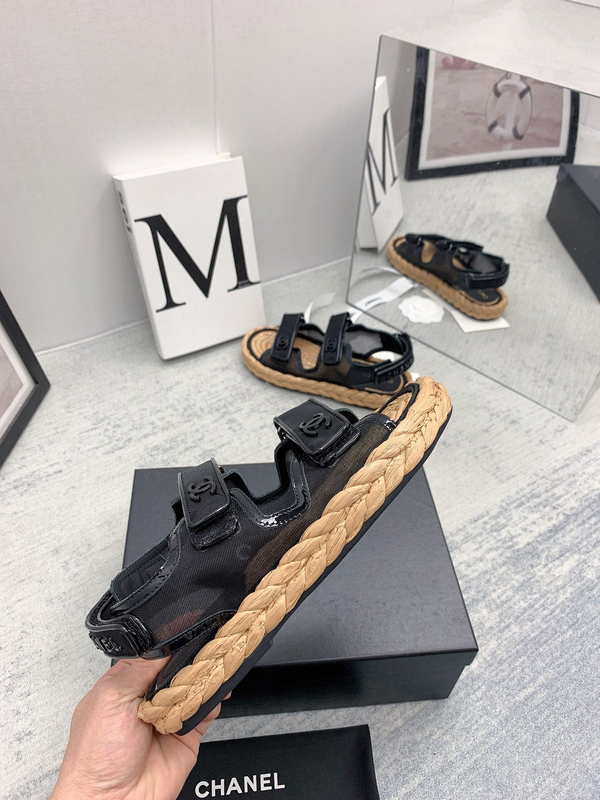 CC 26s Dad Sandals Black Fabric Patent Cord 160038