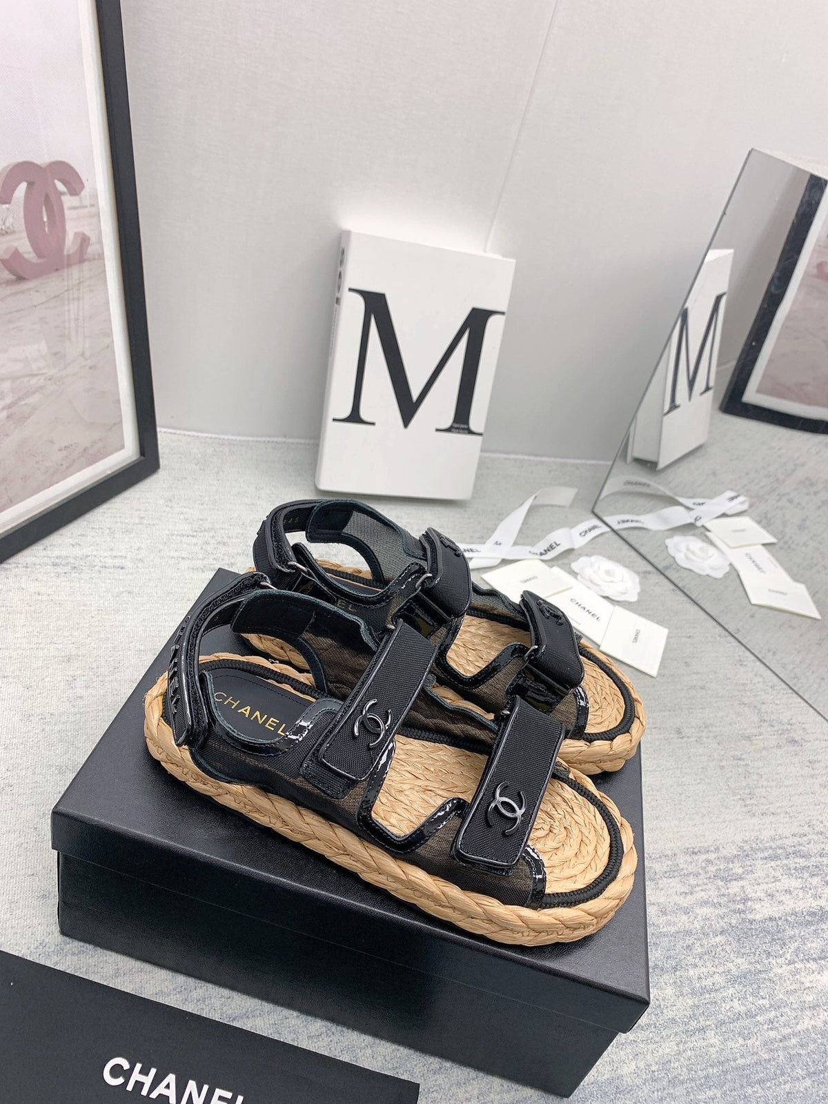CC 26s Dad Sandals Black Fabric Patent Cord 160038