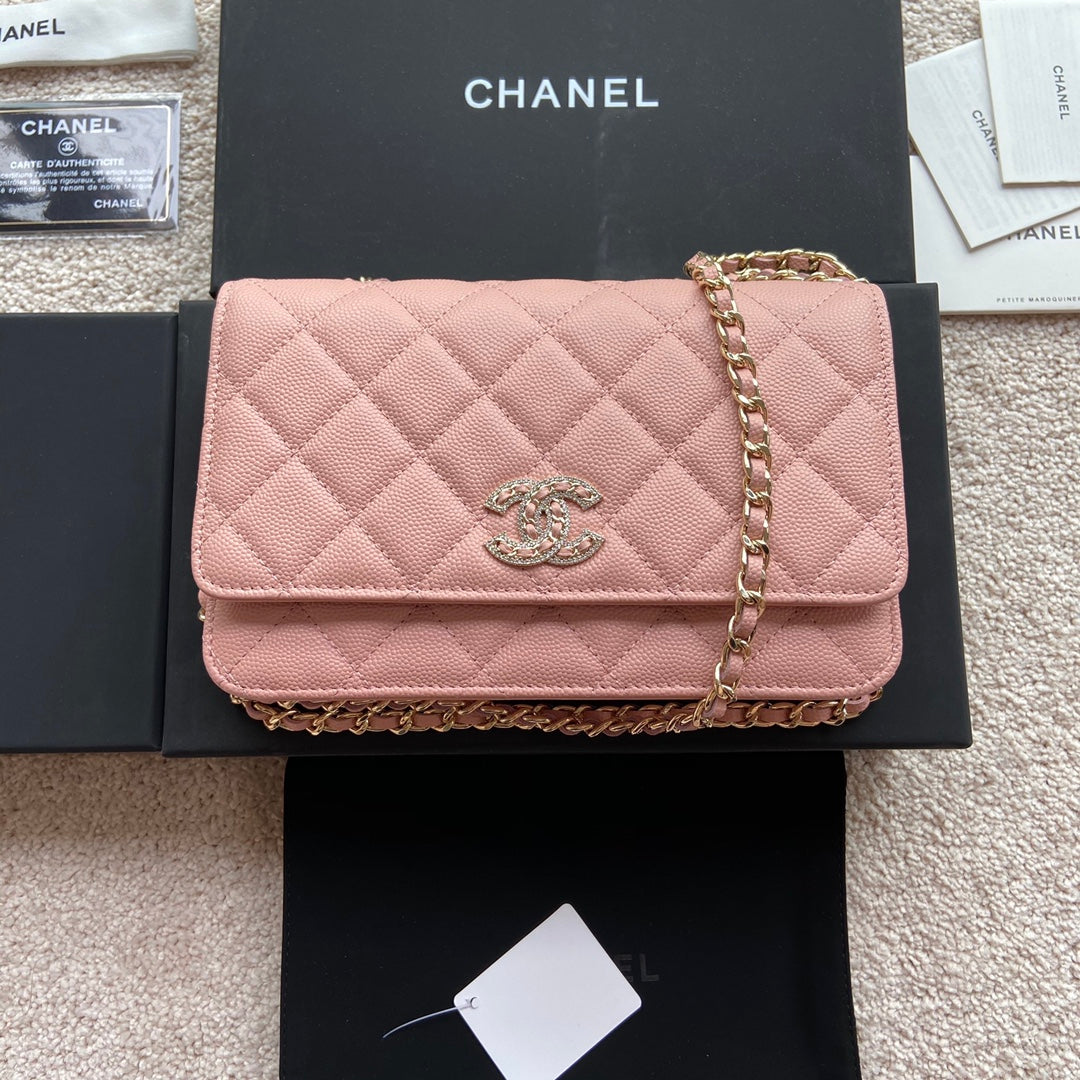 CC Classic Woc 20cm Pink Grained Calfskin Diamond Gold Hardware