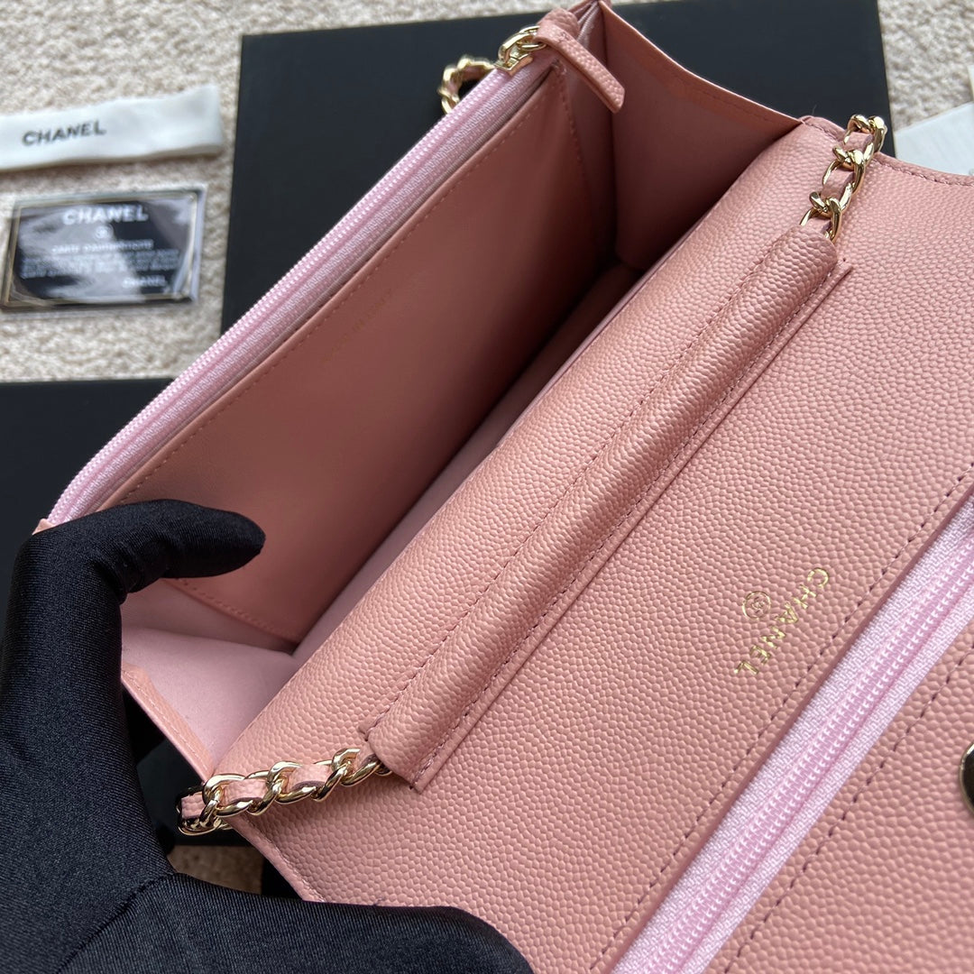 CC Classic Woc 20cm Pink Grained Calfskin Diamond Gold Hardware