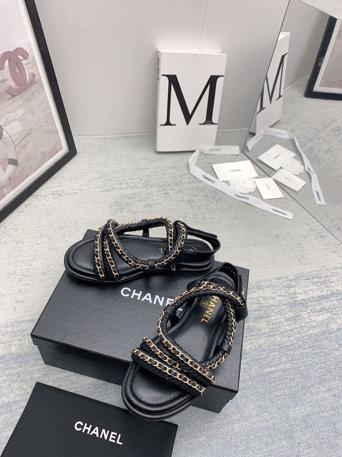 CC 26s Strappy Sandals Black Gold Interlocking Chain Lambskin 160055