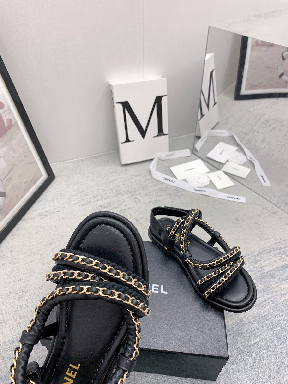 CC 26s Strappy Sandals Black Gold Interlocking Chain Lambskin 160055