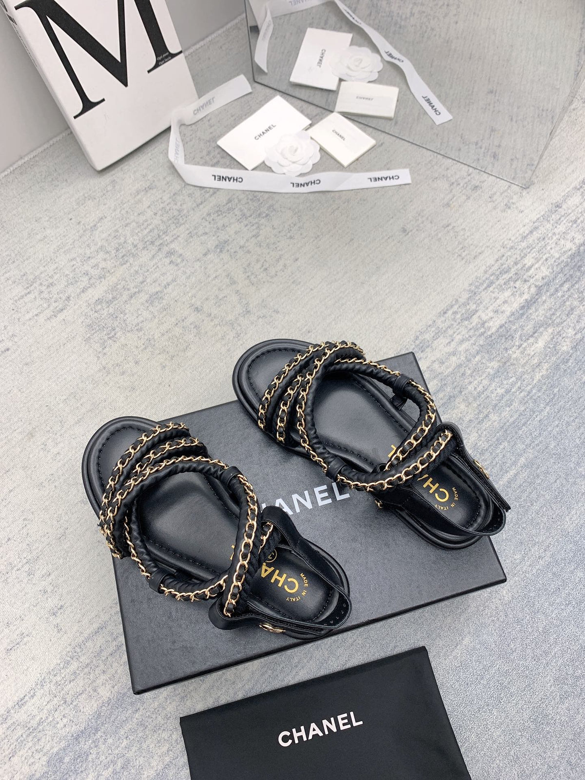 CC 26s Strappy Sandals Black Gold Interlocking Chain Lambskin 160055