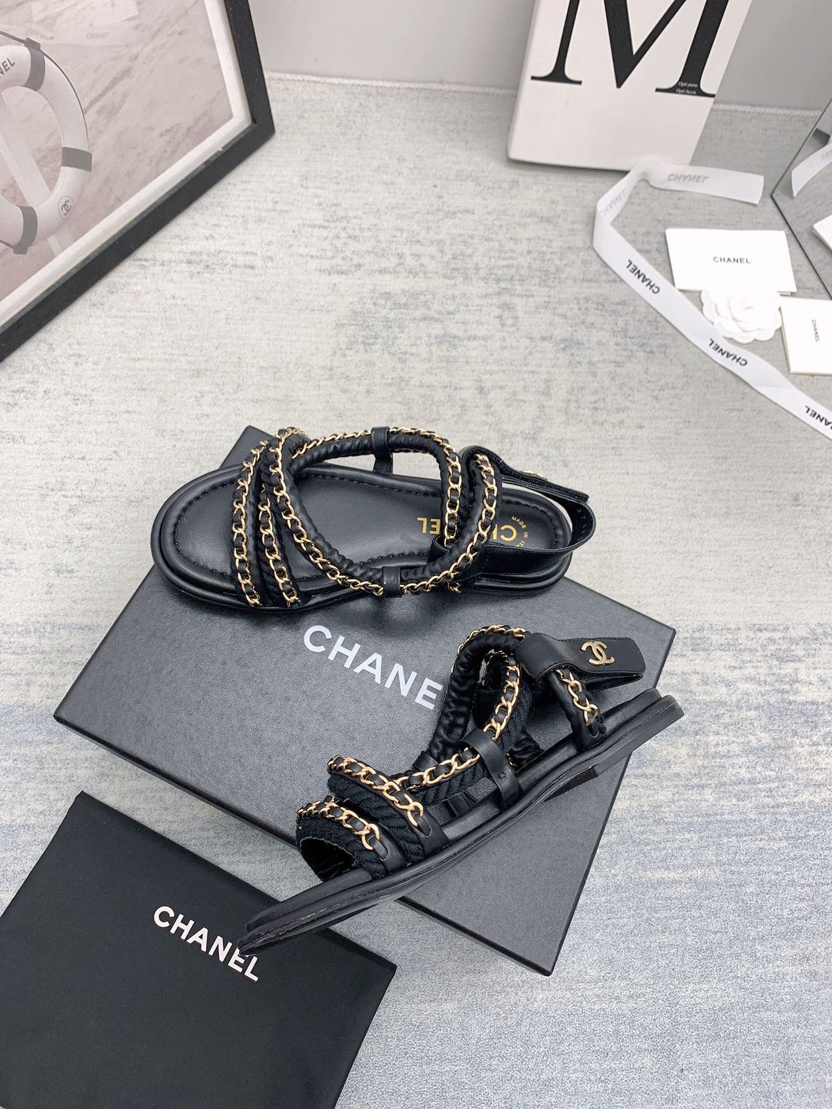 CC 26s Strappy Sandals Black Gold Interlocking Chain Lambskin 160055