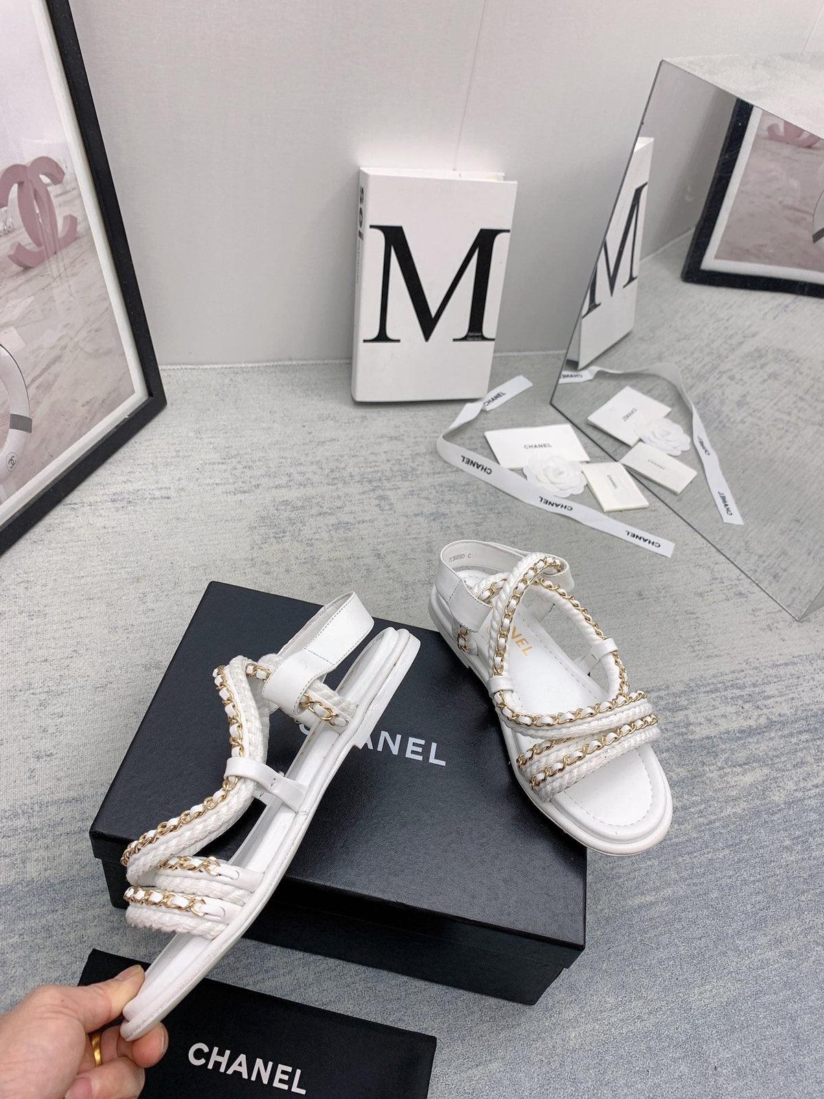 CC 26s Strappy Sandals White Gold Interlocking Chain Lambskin 160057