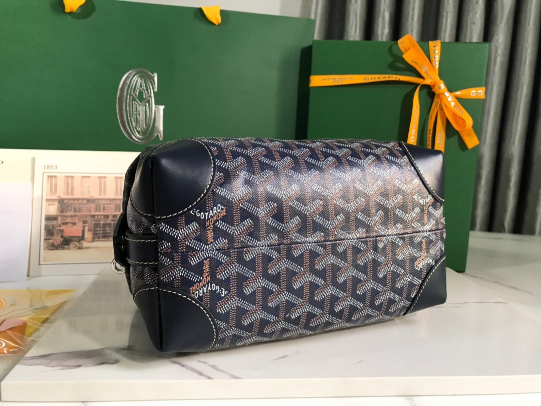 Goyard Bowling 25 Toiletry Bag Navy Blue Canvas & Calfskin