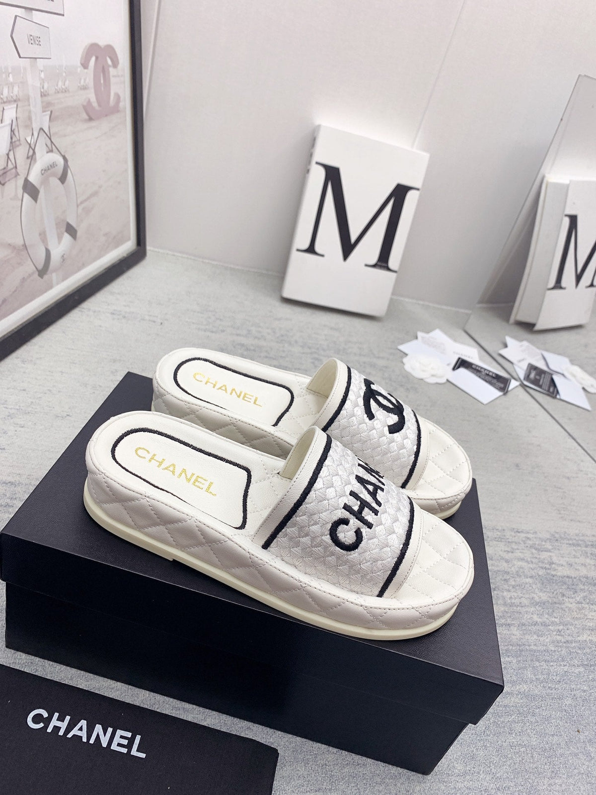 CC 26s Mules White Black Fabric Lambskin 160066