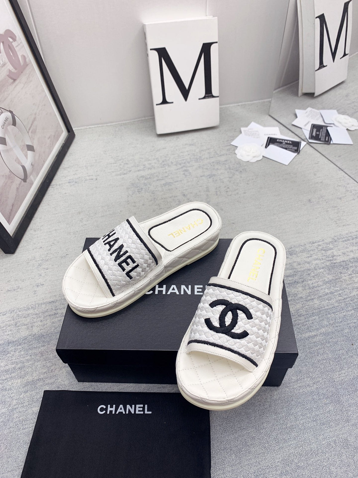 CC 26s Mules White Black Fabric Lambskin 160066